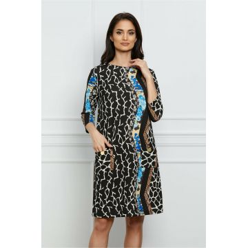 Rochie Dy Fashion neagra cu imprimeu bleu si buzunare