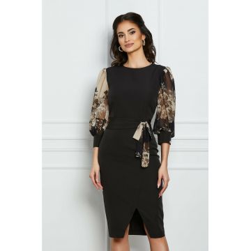 Rochie Dy Fashion neagra cu maneci din voal cu flori bej