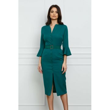 Rochie Dy Fashion verde cu nasturi si curea in talie