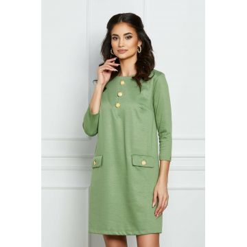 Rochie Dy Fashion verde deschis tip A cu buzunare si nasturi decorativi Rochie Dy Fashion verde deschis tip A cu buzunare si nasturi decorativi
