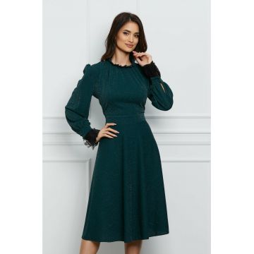 Rochie Dy Fashion verde din lurex cu dantela la maneci