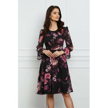 Rochie Isabela neagra cu imprimeu floral roz