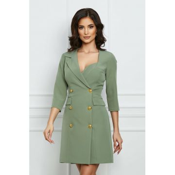 Rochie MBG verde deschis tip sacou cu doua randuri de nasturi