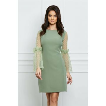 Rochie MBG verde fistic cu maneci din tull cu buline catifelate