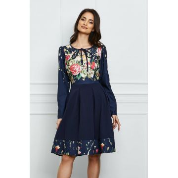 Rochie Moze bleumarin cu imprimeu floral rosu la bust