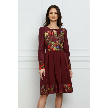 Rochie Moze bordo cu imprimeu floral rosu la bust