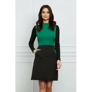 Rochie Moze neagra cu bust verde si buzunare