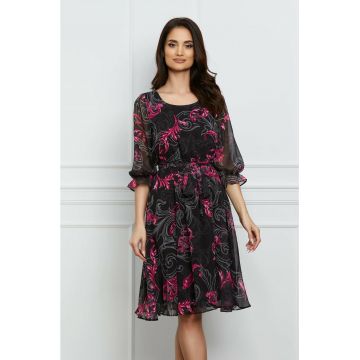 Rochie Valeria neagra cu imprimeu fucsia si cordon in talie