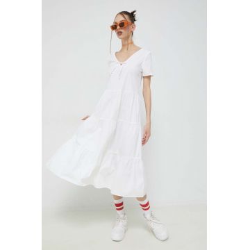 Tommy Jeans rochie din bumbac culoarea alb, midi, evazati