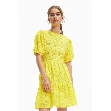Desigual rochie din bumbac culoarea galben, mini, evazati