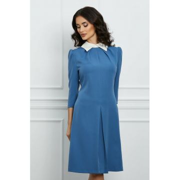 Rochie Dy Fashion bleu cu guler alb ascutit