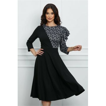 Rochie Dy Fashion neagra cu imprimeu alb si volan la bust