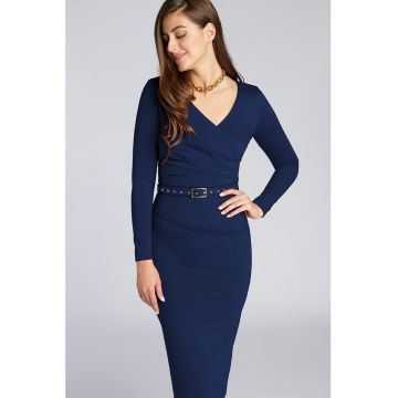 Rochie midi cu decolteu in V si curea in talie