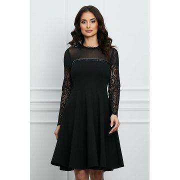 Rochie Moze neagra cu franjuri la decolteu si maneci din dantela