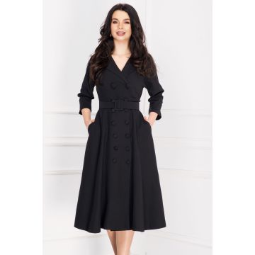 Rochie Alesia eleganta neagra in clos cu nasturi imbracati si centura