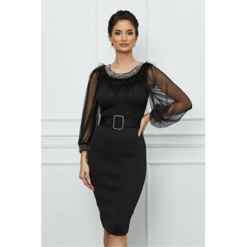 Rochie Anemona neagra din neopren cu pene si perluta