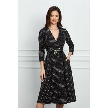 Rochie Bessie neagra cu buline albe si curea in talie