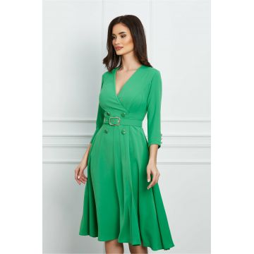 Rochie Bessie verde cu nasturi si curea in talie