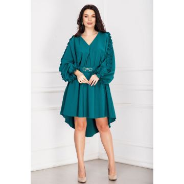 Rochie calypso de zi asimetrica cu volan pe maneca si funda aurie