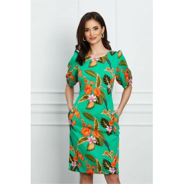 Rochie Celia verde cu imprimeuri florale orange