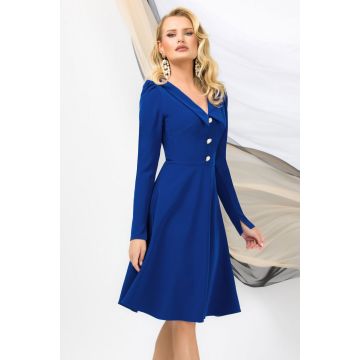 Rochie de ocazie Pretty Girl albastra in clos cu guler ascutit