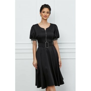 Rochie Dora neagra din satin cu franjuri la maneci si curea in talie