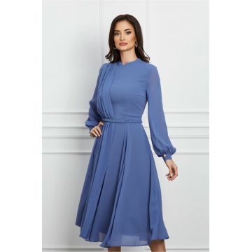 Rochie Dy Fashion blue cu pliuri si impletitura in talie