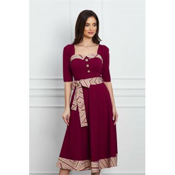 Rochie Dy Fashion bordo cu imprimeu si cordon in talie