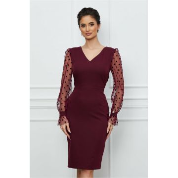 Rochie Dy Fashion bordo cu maneci din tull cu buline catifelate