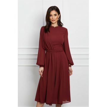 Rochie Dy Fashion bordo cu pliuri si impletitura in talie