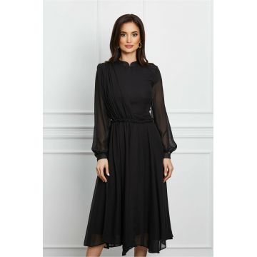 Rochie Dy Fashion neagra cu pliuri si impletitura in talie