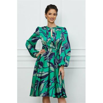 Rochie Dy Fashion verde cu imprimeu bleumarin si curea in talie