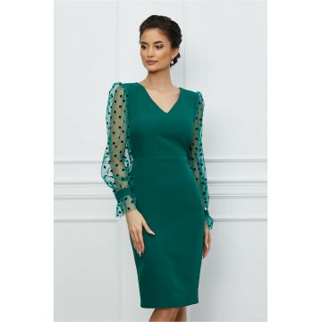 Rochie Dy Fashion verde cu maneci din tull cu buline catifelate