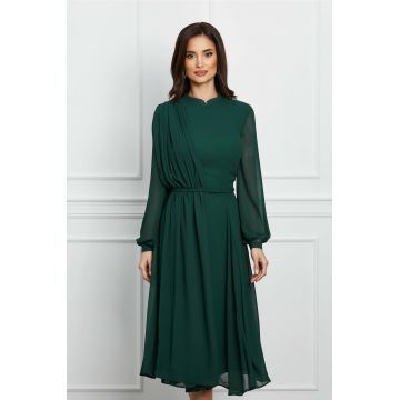 Rochie Dy Fashion verde cu pliuri si impletitura in talie