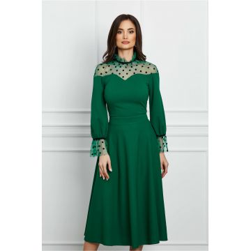 Rochie Dy Fashion verde cu tull si buline catifelate