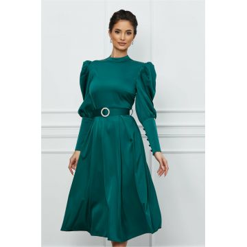 Rochie Dy Fashion verde cu umeri bufanti si curea in talie