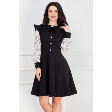 Rochie InPuff neagra in clos cu volane la umeri si print picatele pe maneci