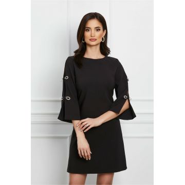 Rochie LaDonna neagra cu funde din strasuri pe maneci