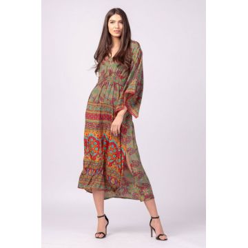 Rochie lunga din matase indiana cu maneca ampla si imprimeu arabesque rosu-verde