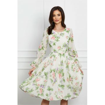 Rochie Marina alba din voal cu imprimeu floral roz