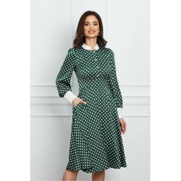 Rochie Moze din satin verde cu buline albe si nasturi la bust