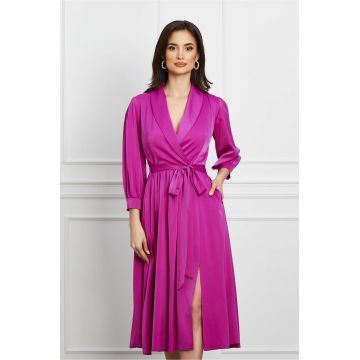 Rochie Moze fucsia din satin cu cordon in talie