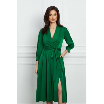 Rochie Moze verde din satin cu cordon in talie