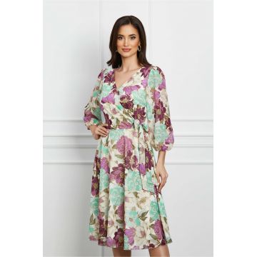 Rochie Patricia alba cu imprimeu floral lila si funda in talie