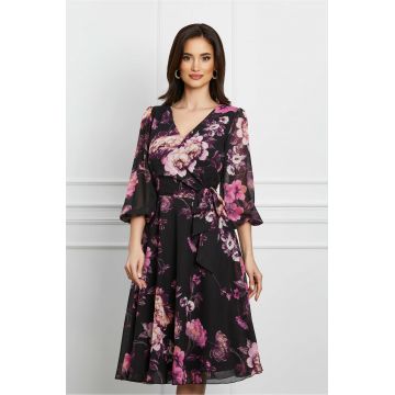 Rochie Patricia neagra cu imprimeu floral mov si funda in talie