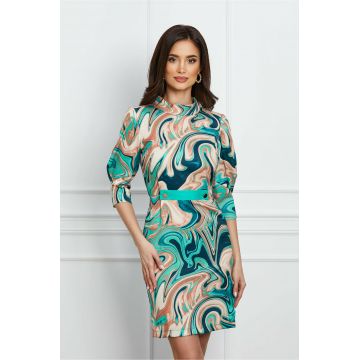 Rochie Shakyra turcoaz cu imprimeu divers bej din satin