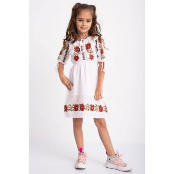 Rochie Traditionala din Bumbac Alb Brodat cu Flori Rosii 0-1 Ani (68-78cm)