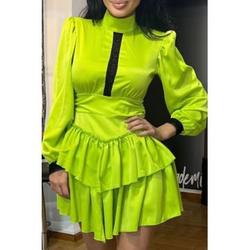 Rochie de Dama cu Volane, Maneci Voluminoase si Spate Decupat, Lemonade,Neon