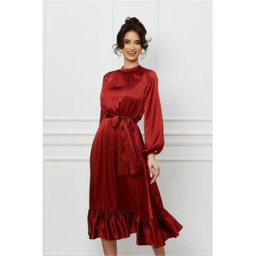 Rochie Dy fashion bordo din satin cu volan la baza si cordon in talie