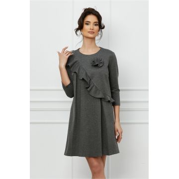 Rochie Dy Fashion gri cu volan si floare 3D